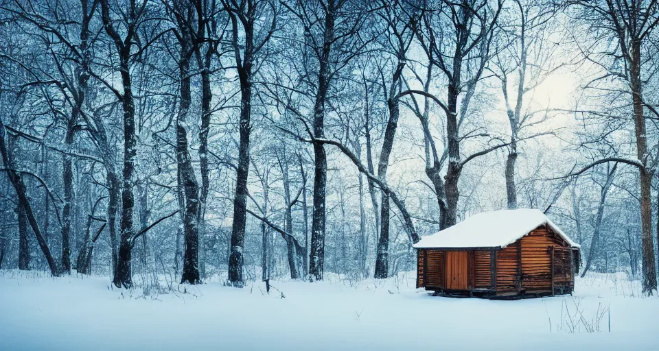 Prompt: a wooden hut at a clearing in the woods, snowy, light inside the hut, realistic, epic composition, 4 k