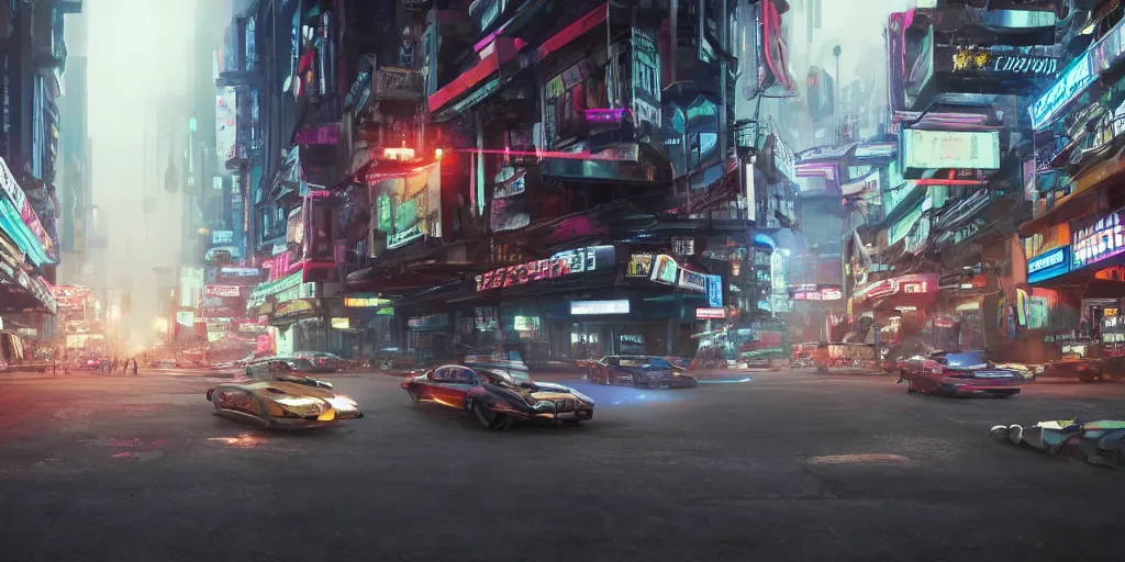 Image similar to a 3 d rendered in unreal engine guatemalan cyberpunk city with flying cars with neon ads and signs with evocative dramatic mood with blade runner vibe with cars and floating vehicles with motion blur with depth of field with bloom with lightshaft with volumetric lights, fog, by jeremy mann, oscar winning graphics, photo realistic, bloom, imax, dynamic lighting, artstation,