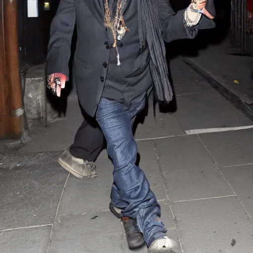 Image similar to johnny depp stumbling out of a bar at 3 am