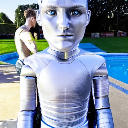 Image similar to a realistic detailed photo of a guy who is an attractive humanoid who is half robot and half humanoid, who is a male android, soccer player timo werner, shiny skin, posing like a statue, blank stare, by the pool, on display, showing off his muscles, humanoid robot, frozen ice statue, made of ice