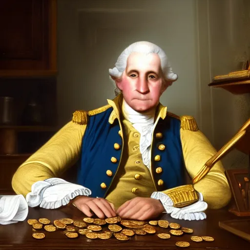 Prompt: a closeup photorealistic photograph of a happy George Washington inspecting small gold Doubloon coins at his home on Cherry Street. This 4K HD image is Trending on Artstation, featured on Behance, well-rendered, extra crisp, features intricate detail and the style of Unreal Engine.