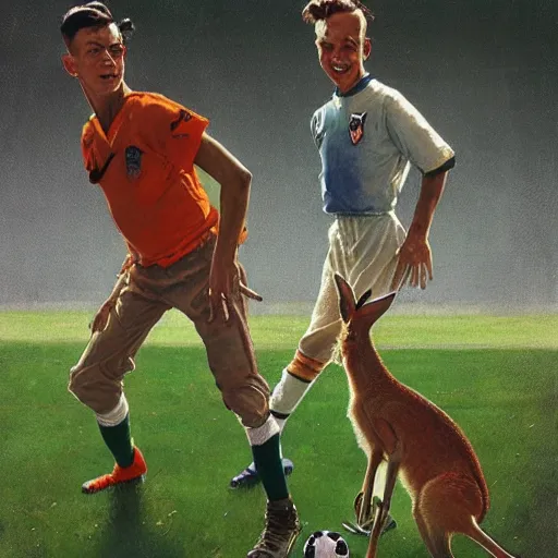 Image similar to Norman Rockwell painting of kangaroos wearing soccer uniforms, concept art, artstation, 4k