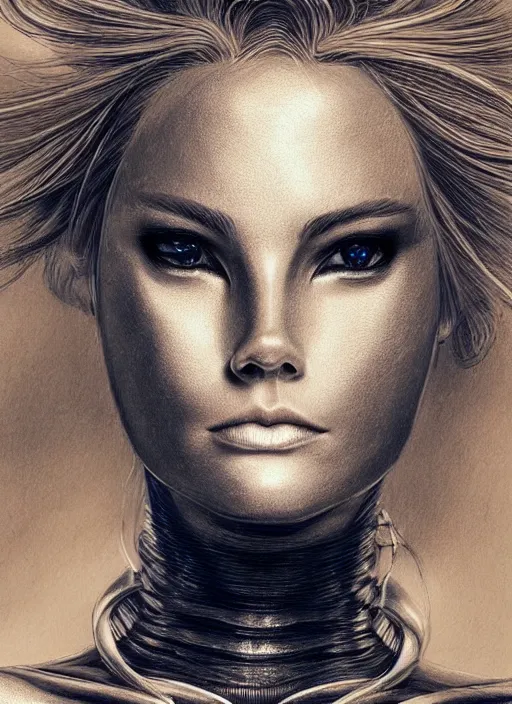 Prompt: golden pencil drawing of beautiful robot - cat woman face, goddess, beautiful blonde hair flying in the wind, hyper realistic face, in the style of greg rutkowski, fantasy, amazing detail, epic, elegant, smooth, sharp focus, from the front