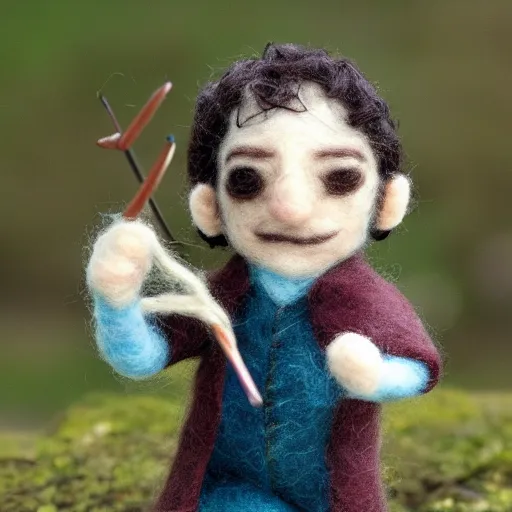 Prompt: needle felted bilbo wants the ring from frodo from the fellowship of the ring (2001), highly detailed, dslr, tilt shift, eerie, hyperrealism, highly textured