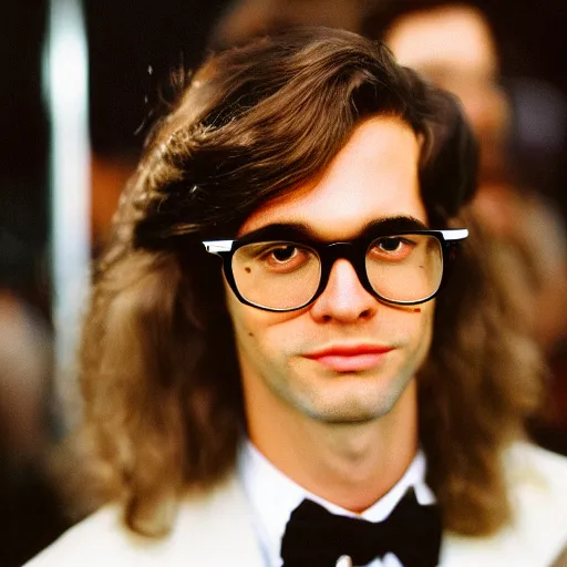 Prompt: a photo of a handsome guy with very long brownish! hair, with nerdy glasses at fashion week show walking in the red carpet, glamour, kodak portra 4 0 0, 8 k, highly detailed, britt marling style