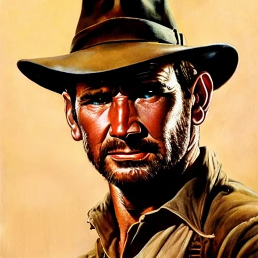 Image similar to ultra realistic portrait painting of indiana jones, art by frank frazetta, 4 k, ultra realistic, highly detailed, epic lighting