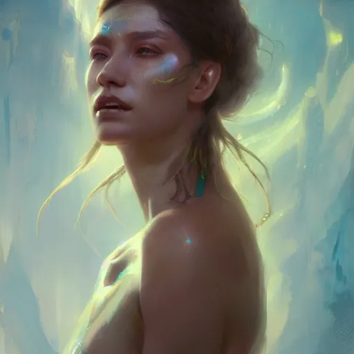 Image similar to a beautiful portrait of a goddess with iridescent skin by greg rutkowski and raymond swanland, trending on artstation