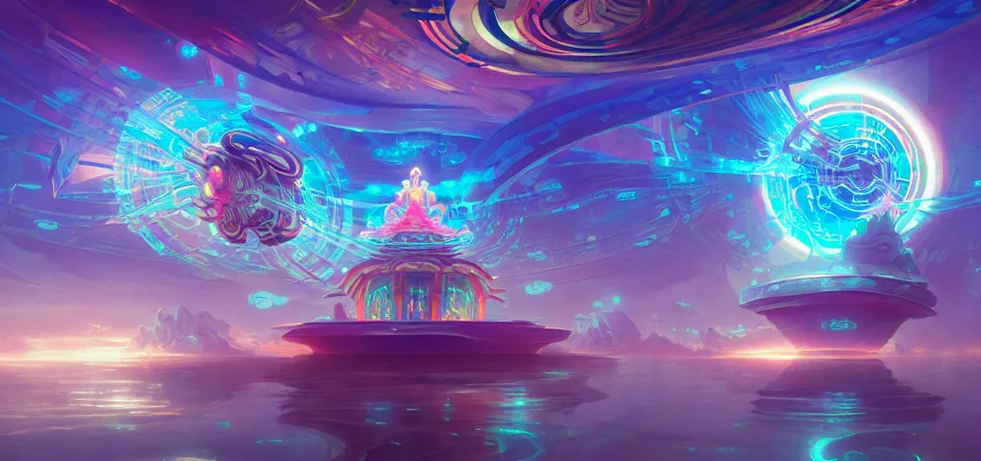 Image similar to a floating temple, channeling swirling energy, wearing netrunner clothing, vaporwave aesthetic, colorful, psychedelic, digital painting, artstation, concept art, smooth, sharp focus, illustration, art by artgerm and greg rutkowski and alphonse mucha