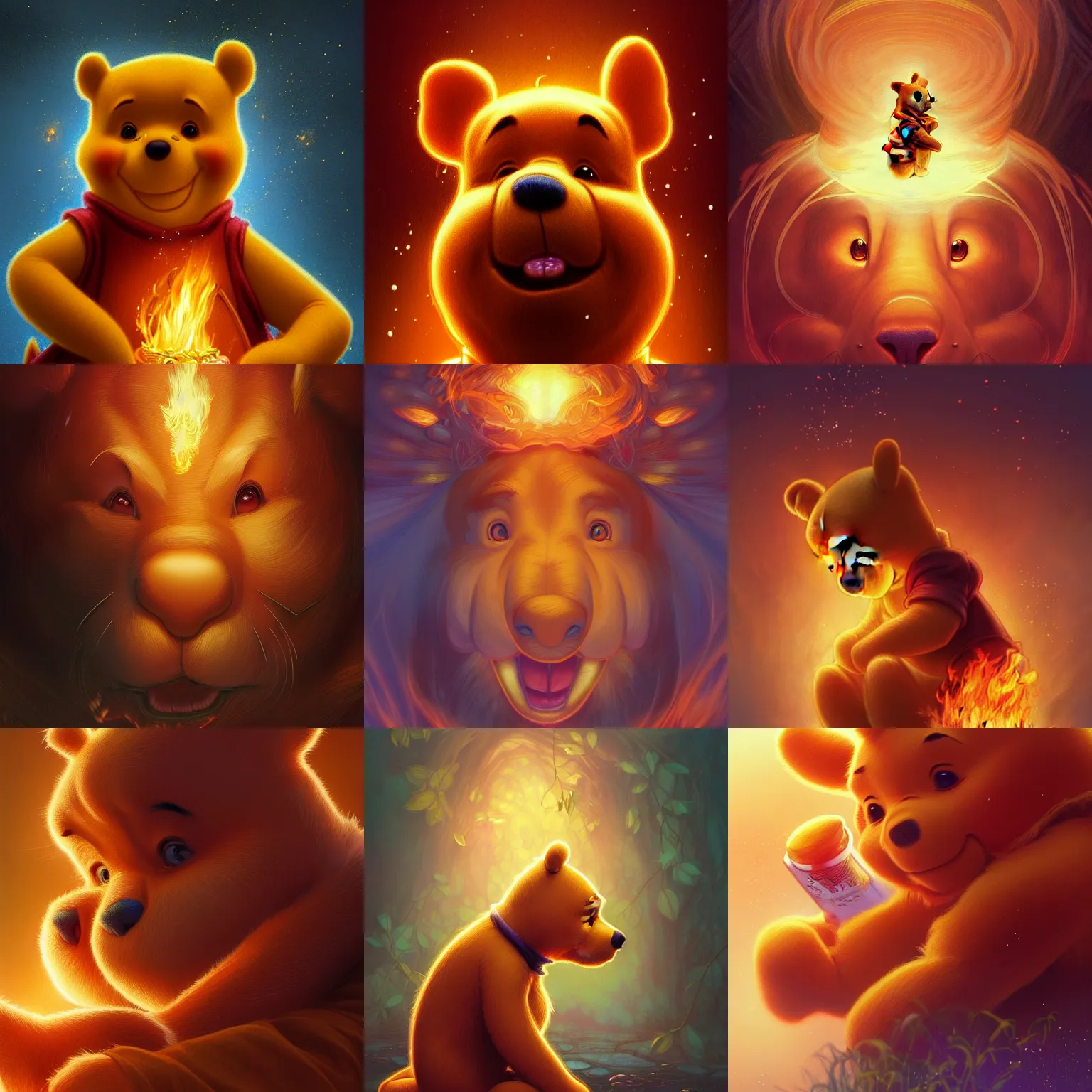 Prompt: beautiful digital painting of a beautiful winnie the pooh on fire, fantasy, intricate, beautiful eyes, cinematic lighting, highly detailed, digital painting, Artstation, concept art, smooth, sharp focus, illustration, art by Artgerm and Greg Rutkowski, Alphonse Mucha and Rossdraws