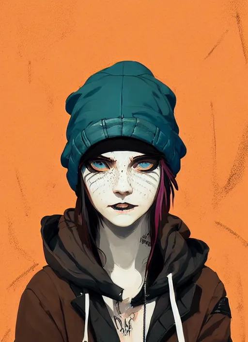 Image similar to highly detailed portrait of a sewer punk lady student, blue eyes, leather hoodie, hat, white hair by atey ghailan, by greg tocchini, by james gilleard, by kaethe butcher, gradient orange, black, brown and cyan color scheme, grunge aesthetic!!! ( ( graffiti tag wall background ) )