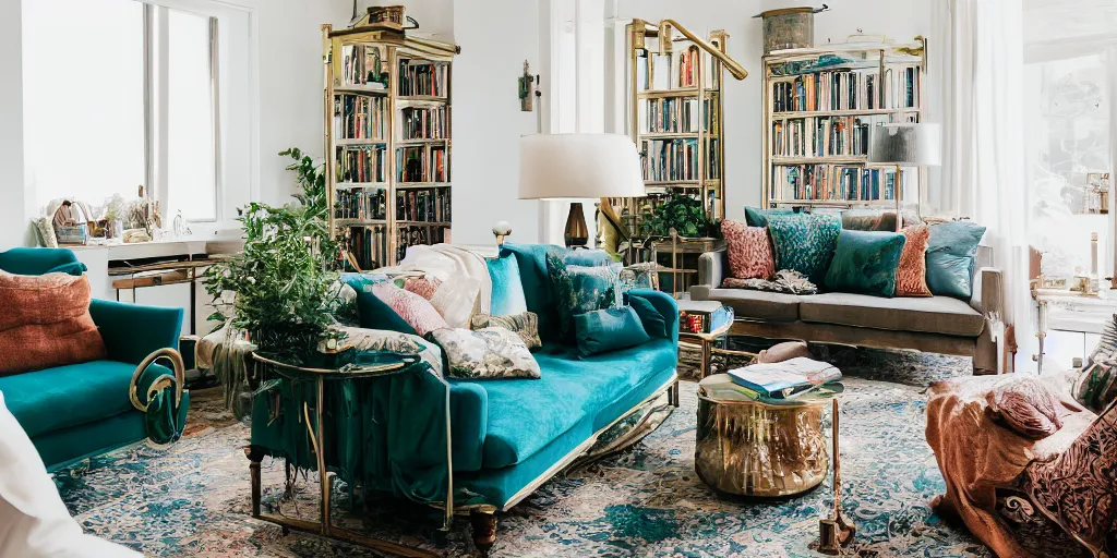 Prompt: insanely detailed wide angle photograph, depth of focus blur, bokeh, atmospheric, award winning interior design living room, dusk, cozy and calm, fabrics and textiles, colorful accents, brass, copper, secluded, many light sources, lamps, hardwood floors, book shelf, library, dark teal emerald couch, desk, balcony door, plants