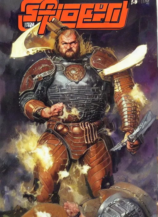 Prompt: full body and head portrait of Hafþór Júlíus Björnsson in science fiction armour, dynamic action, painted by norman rockwell and phil hale and greg staples and tom lovell and frank schoonover and jack kirby