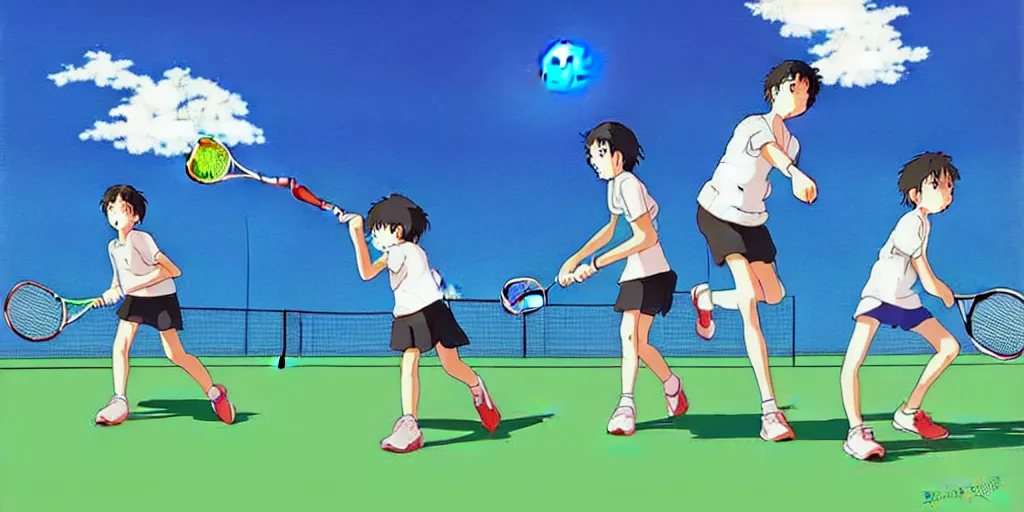 Prompt: digital art of kids playing tennis by studio ghibli