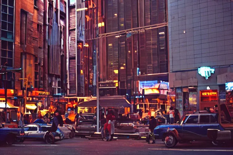 Prompt: outdoorsy guys club likes to look at the exteriors of urban architecture onion column shot by darius khondji wong kar-wai shot on film technicolor night time scenes reflections through windows red and blue lights orange lights busy nightlife in city scene melancholic quality