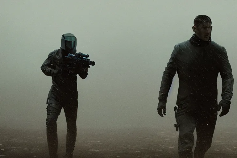Prompt: still from bladerunner 2049 (2017) man wearing black tactical gear. mountain in background obscured by fog volumetric raining. green hill. Cyberpunk soldier holding rifle intimidating, reflective visor, emissive details. dark low exposure overcast skies.