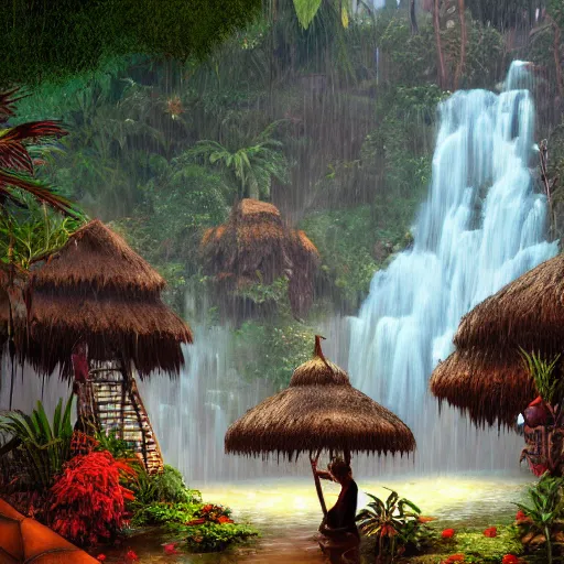 Image similar to aztec jungle village, ornate, beautiful, atmosphere, mist, vibe, smoke, beautiful, rain, reflection, pristine, puddles, waterfall, melting, dripping, wild look, mattepainting concept blizzard pixar maya engine splash comics global illumination lighting artstation, sharp focus, norman rockwell