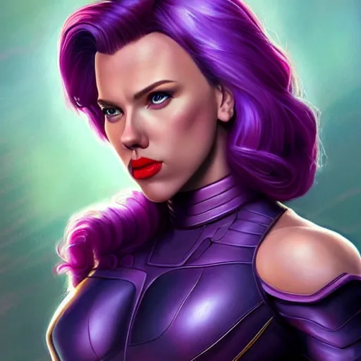 Image similar to scarlett johansson as thanos, feminine beautiful muscular fitness model wearing armor, purple skin, red lips, strong jaw, pin up, attractive, highly detailed upper body portrait, pretty face, elegant, breathtaking art, concept art, by artgerm and ilya kuvshinov