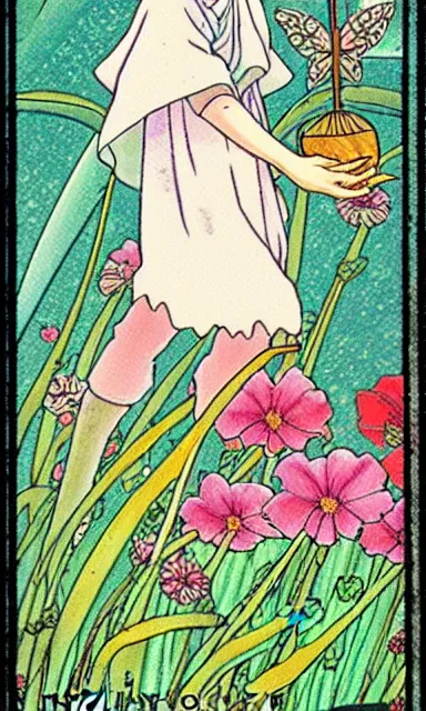 Image similar to fairy floral tarot card by Hayao miyazaki