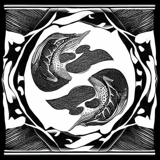 Image similar to 2 koi fish, yin yang, black white, by Android Jones