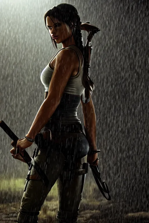 Image similar to cinematic of lara croft as cowboy, dramatic rain, 8 k, moody lighting