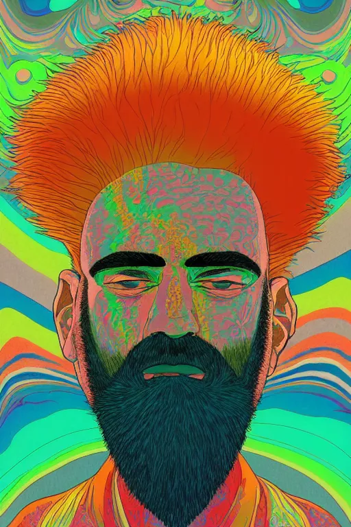 Image similar to a colorful psychedelic closeup portrait of a young bald man with a very long wild beard dreaming psychedelic hallucinations in the vast icy landscape of antarctica, by kawase hasui, moebius and edward hopper, colorful flat surreal design, hd, 8 k, artstation
