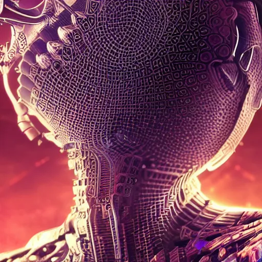 Prompt: an insanely detailed cibernetic artwork of a futuristic artificial intelligence superstar, centered image, perfectly symmetrical alien face, with frames made of detailed fractals, octsne render, 4k, insanely detailed, detailed grid as background, cgi