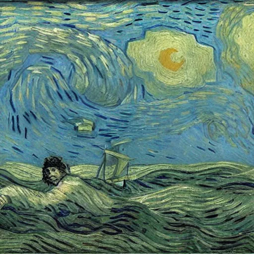 Image similar to Tom Cruise head over water at sea by Van Gogh