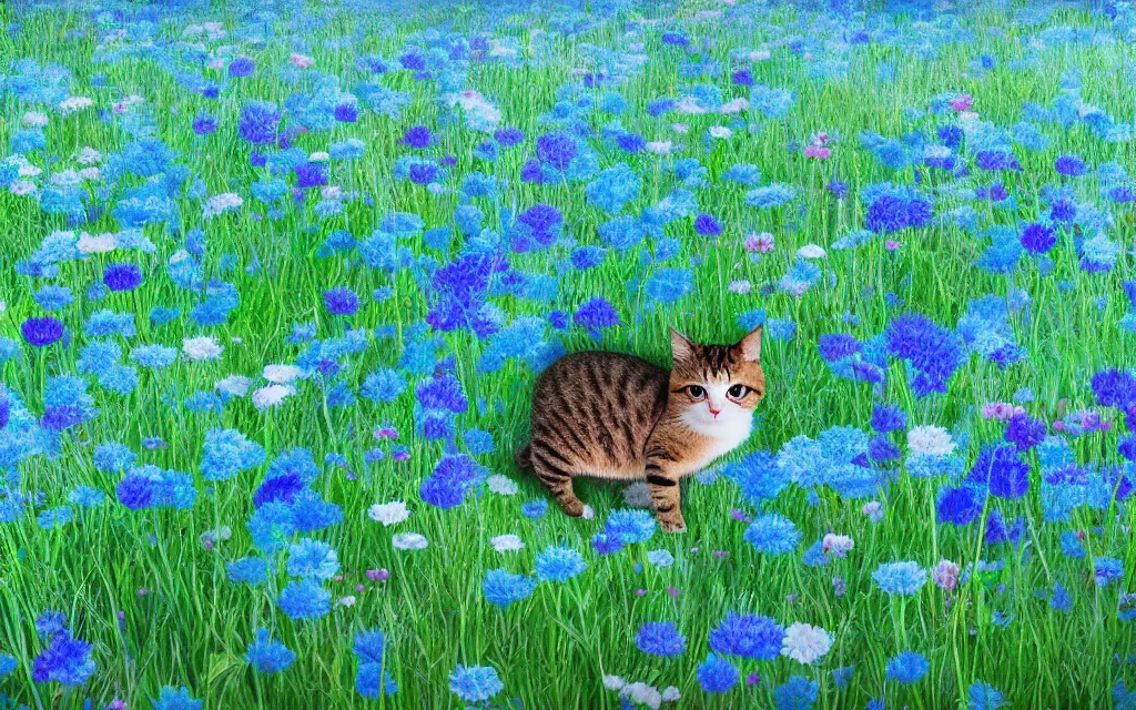 Prompt: a cute cat in a field of turquoise blue flowers, concept art, 8 k, octane render, by julius adam ii and studio ghibli