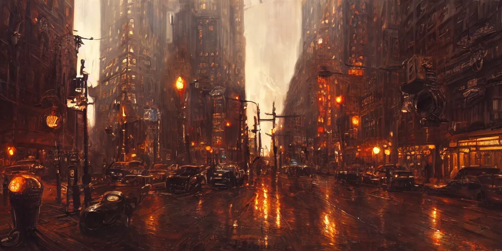 Image similar to steampunk NYC, cinematic lighting, detailed oil painting, hyperrealistic, 8k