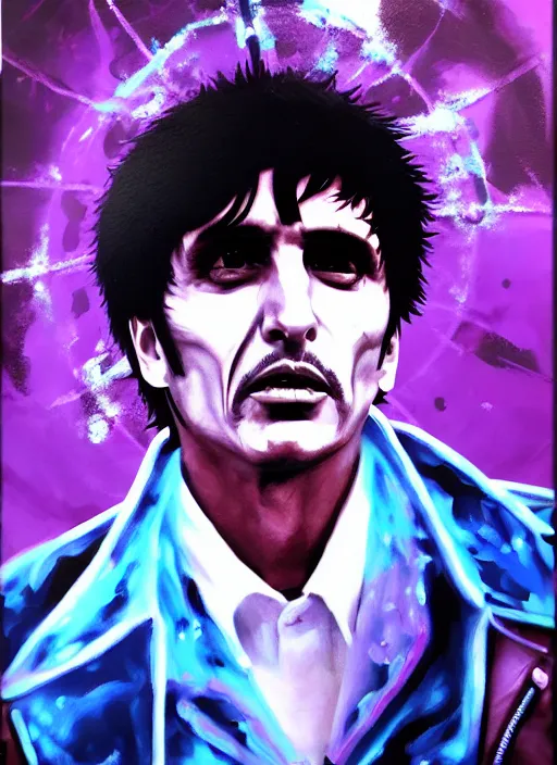 Image similar to photorealistic glamour necro science acrylic painting of tony montana in a style of cyberpunk delivery club, in salvia divinorum, made in abyss