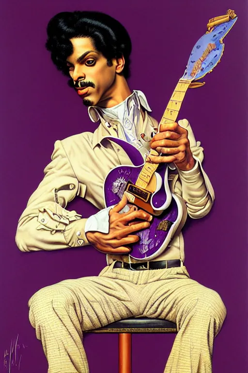 Prompt: prince rogers nelson portrait by gil elvgren and norman rockwell and rob gonsalves and hajime sorayama, hyperrealistic, high detail, ultra detailed, highly detailed face, ruffled fabric