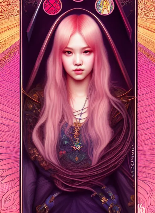 Prompt: jossi of blackpink, king, tarot card, highly detailed, digital painting, smooth, sharp focus, illustration, ultra realistic, unreal engine, 8 k, art by artgerm and alphonse mucha