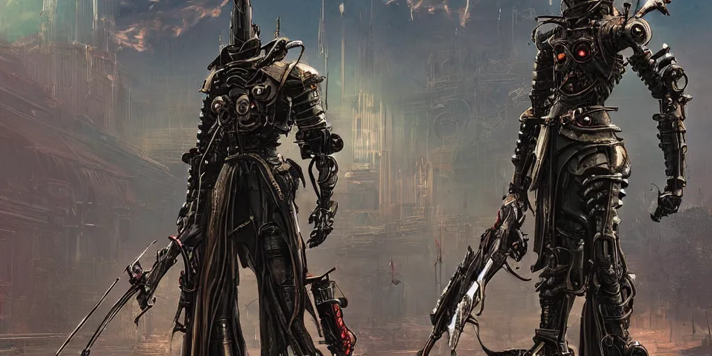 Image similar to a robot hunter from bloodborne on a retrofuturism yharnam, style by retrofuturism, faded color, for 1 9 7 0 s'sci - fi, by malcolm smith