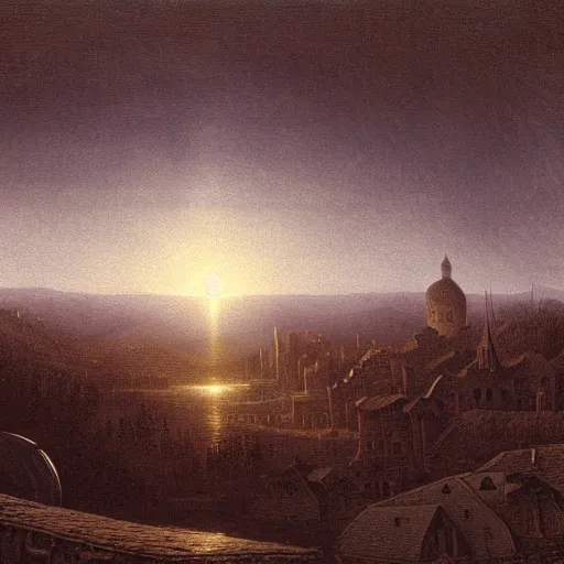 Image similar to dark solar eclipse, above a village, highly detailed, studio 4 k quality, by carl gustav carus
