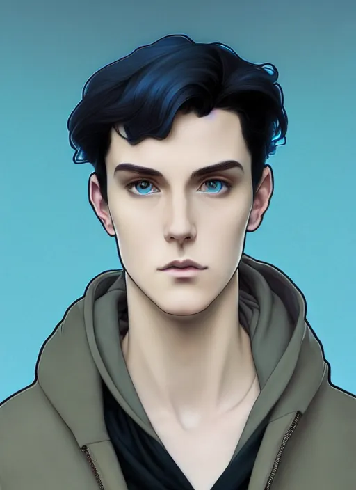 Image similar to well - lit art nouveau portrait of a young man with short black hair, light blue eyes, pale skin, serious expression, jeans and a black hoodie, natural lighting, path traced, highly detailed, high quality, cartoon, digital painting, by don bluth and ross tran and studio ghibli and alphonse mucha