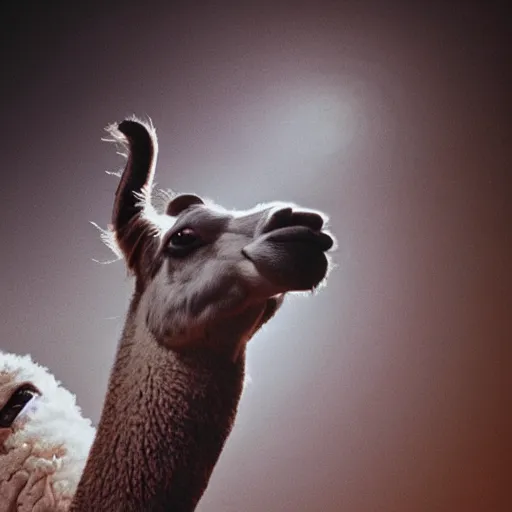 Image similar to film still of a llama in a jersey dunking a basketball, low angle, show from below, tilted frame, 3 5 °, dutch angle, extreme long shot, high detail, indoors, dramatic backlighting.