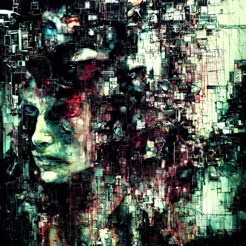 Image similar to glitchcore portrait of a cyberpunk dreamer, wires, machines, in a dark future city by jeremy mann, francis bacon and agnes cecile, and dave mckean ink drips, paint smears, digital glitches glitchart
