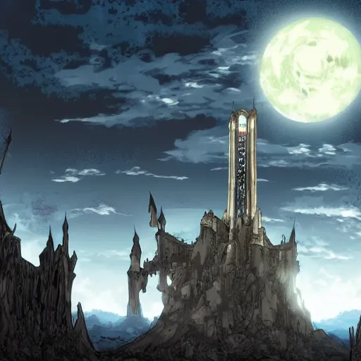 Prompt: Anime style, desert at night filled with beasts, tall white tower in the background, HD,