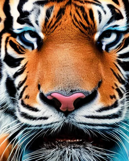 Image similar to natural light, soft focus extreme close up portrait of a tiger with soft synthetic pink skin, blue bioluminescent plastics, smooth shiny metal, elaborate ornate head piece, piercings, skin textures, by annie leibovitz, paul lehr