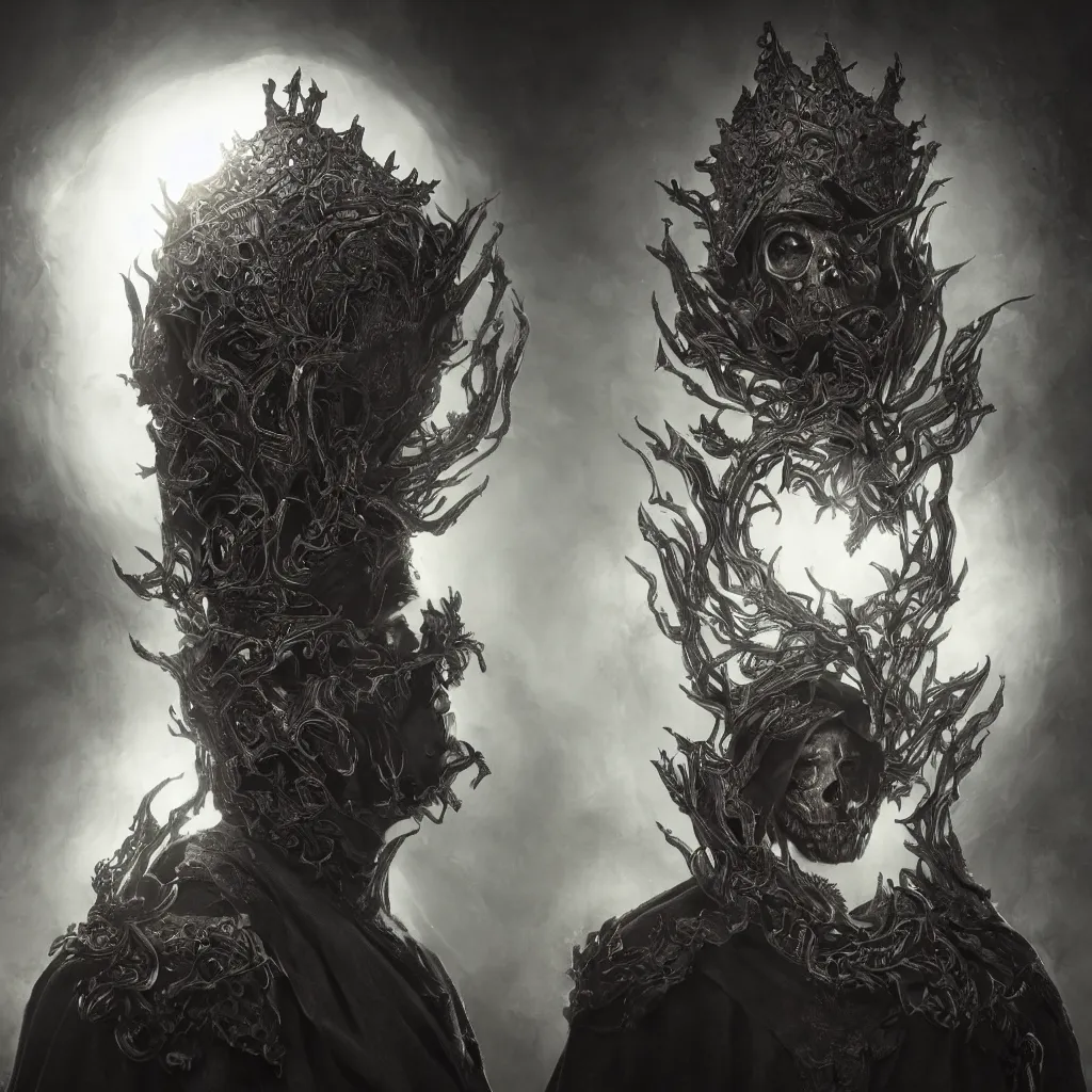 Image similar to centered portrait of the Shadow King, crown made of shadows, cloak, skull mask, realistic character concept, high fantasy, gothic, dark atmosphere, medium shot, symmetrical face, cinematic lighting, hyperdetailed, high resolution, insanely detailed and intricate, artstation, octane render, 8k, unreal engine