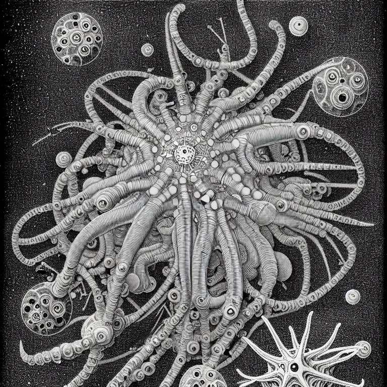 Prompt: a black and white drawing of a variety of sea life and filled with gundam mech equipment space station, a microscopic photo by ernst haeckel, zbrush central, kinetic pointillism, bioluminescence, intricate patterns, photoillustration