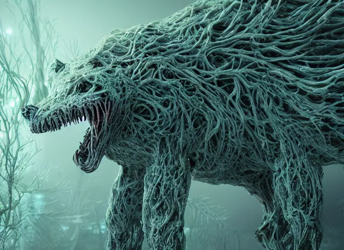 Prompt: detailed bioluminescence nightmare Chernobyl mutated animal in full intricate detail, ultra detailed, digital art, octane render, 4K, dystopian, micro details