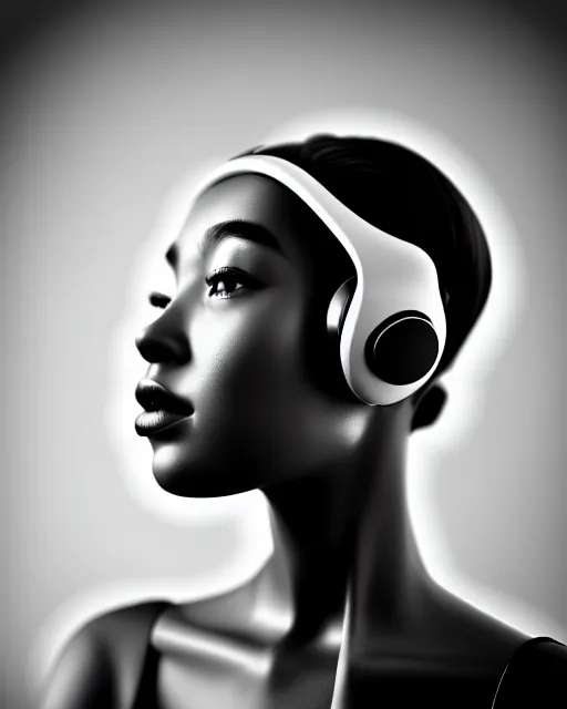 Prompt: black and white dreamy young beautiful female artificial intelligence with a techno headset crown from the future, cinematic, rim light, bokeh, photo - realistic, elegant, high detail, 8 k, masterpiece, photo taken in 1 9 3 0