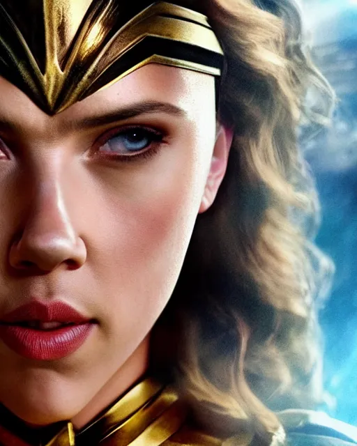 Image similar to scarlett johansson as wonder woman from new 5 2, movie, hyper realistic, hollywood promotional image, imax, 8 k