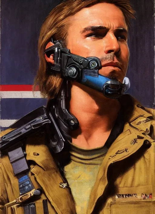 Prompt: Don Johnson. cyberpunk USN marine wearing a military vest and combat gear. (Cyberpunk 2077, bladerunner 2049, rb6s). Squarish face. Iranian orientalist portrait by john william waterhouse and Edwin Longsden Long and Theodore Ralli and Nasreddine Dinet, oil on canvas. Cinematic, hyper realism, realistic proportions, dramatic lighting, high detail 4k