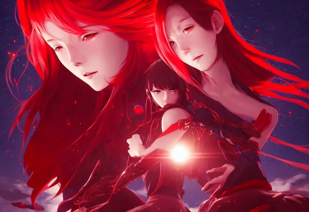 Image similar to red dressed summoner girl fighting against outer gods with their creatures. floating planets on the background, box office hit, fantasy and cosmic horror movie, unreal engine, intricate, highly detailed 8 k, ambient occlusion, extremely beautiful and aesthetic shape of face and body, art by hiroaki samura and ilya kuvshinov and rossdraws