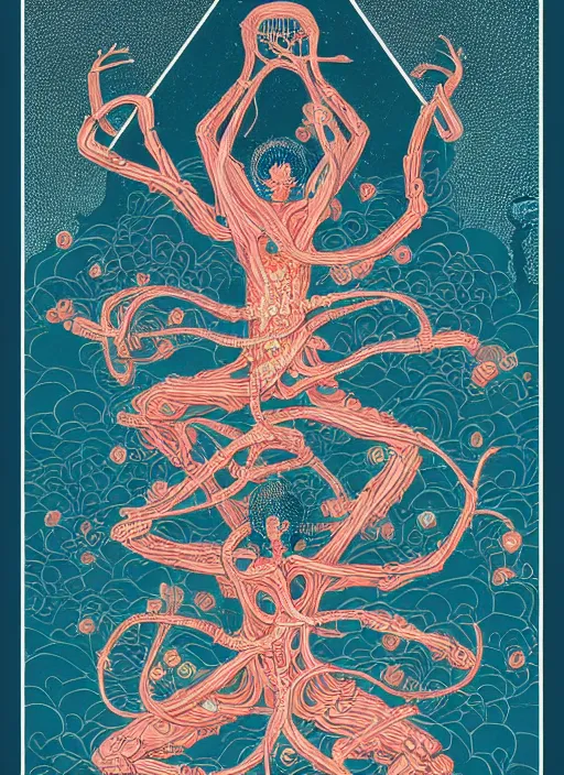 Prompt: nezha with three heads and six arms by victo ngai
