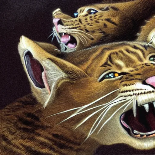 Image similar to an extinct sabertooth cat, cat with huge fangs, naturalist illustration