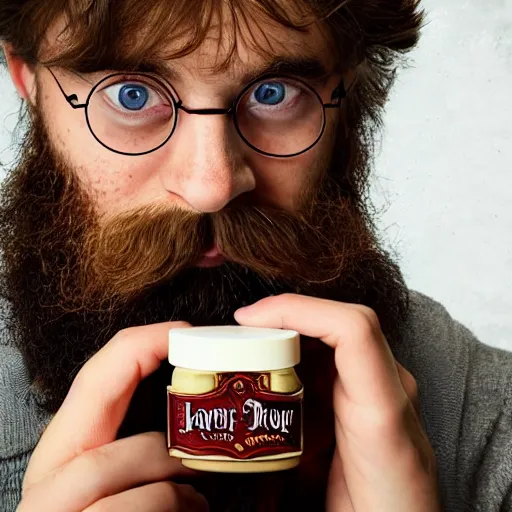 Image similar to harry potter with long beards and beautiful mustache, beard balm in his hand