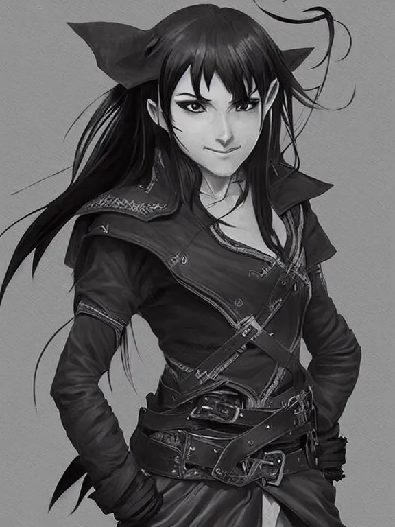 Prompt: picture of a teenager half elf monk, leather coat, black shirt, combat pose, ponytail, energetic smile, dnd, cute, highly detailed, detailed face, grayscale, manga illustration, black and white, by artgerm, greg rutkowski, alphonse mucha